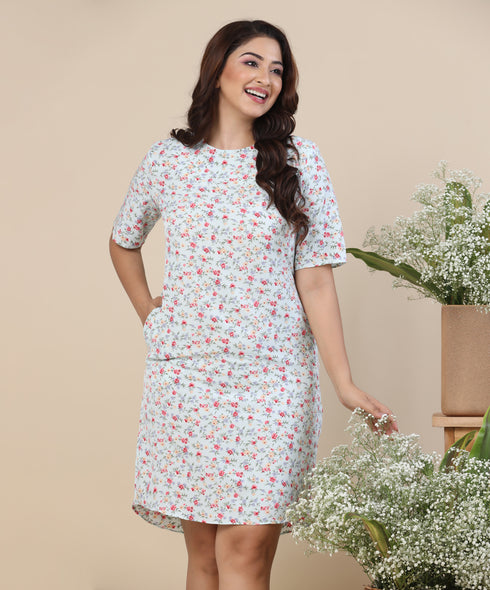 Loose Fitted Basic Printed Mint Dress